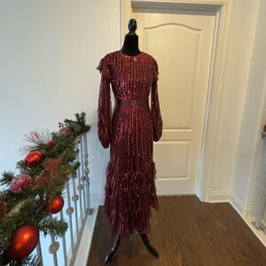 NWT Mac Duggal Sz 4 Red Long Sleeve Ruffle Detail Sequin Dress